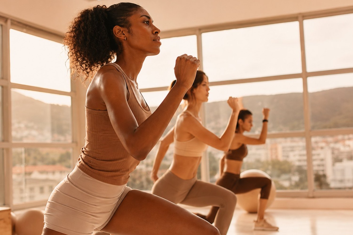 Três mulheres em exercício de força e mobilidade, em movimento, diante de janelas amplas com luz quente